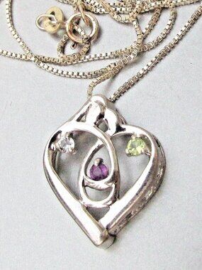 Vintage Sterling Silver Amethyst Citrine Topaz HEART Pendant Necklace Signed TJ